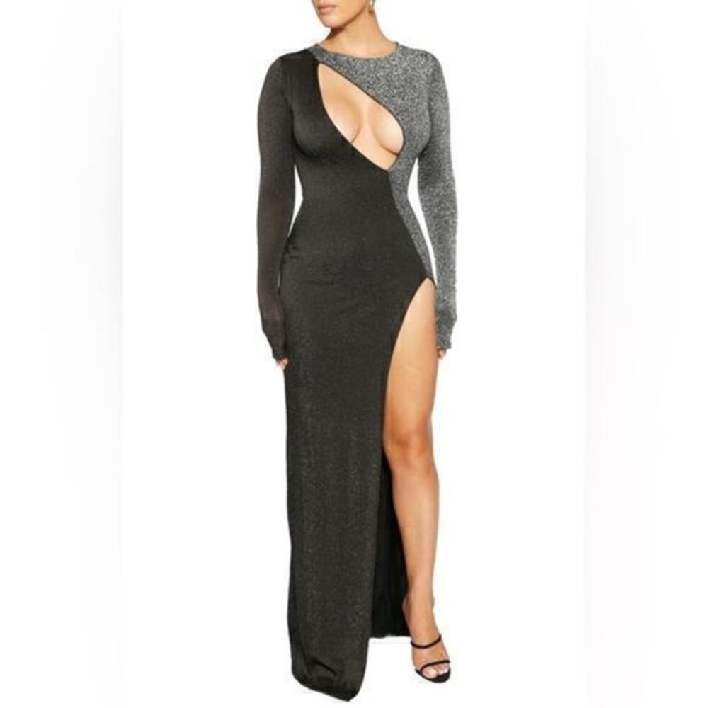 Naked Wardrobe Black Metallic Silver Colorblock Cutout Long Sleeve Maxi Dress S